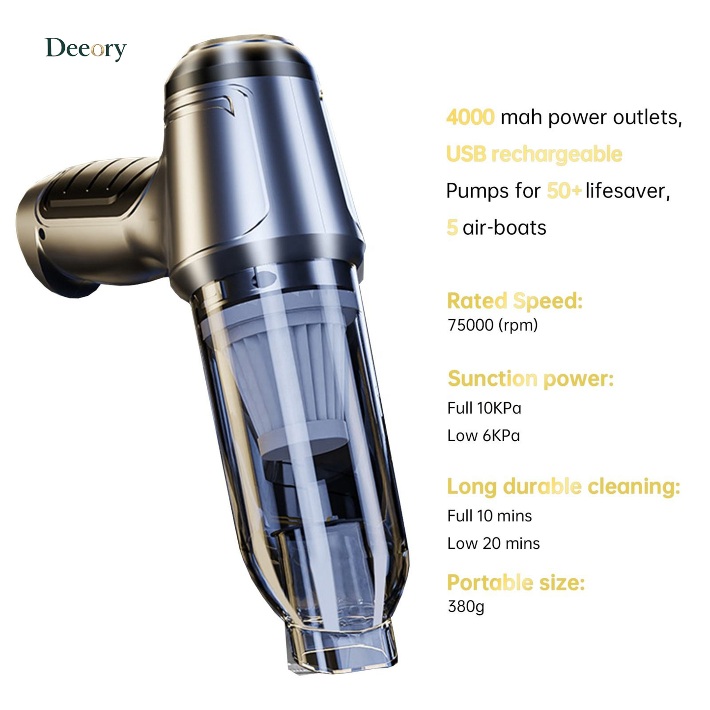 Deeory 3-in-1 Portable High-Power Vacuum Cleaner, Rechargeable, 4000mAh, 12000PA, 120W